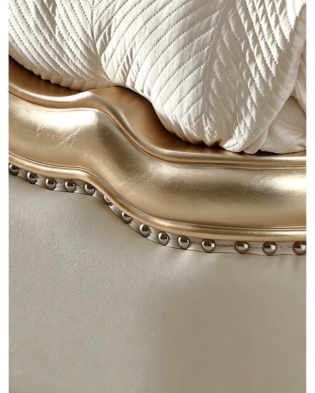 Ornate French Provincial style luxury tufted bed in gold bedroom - GrandLiving Luxe
