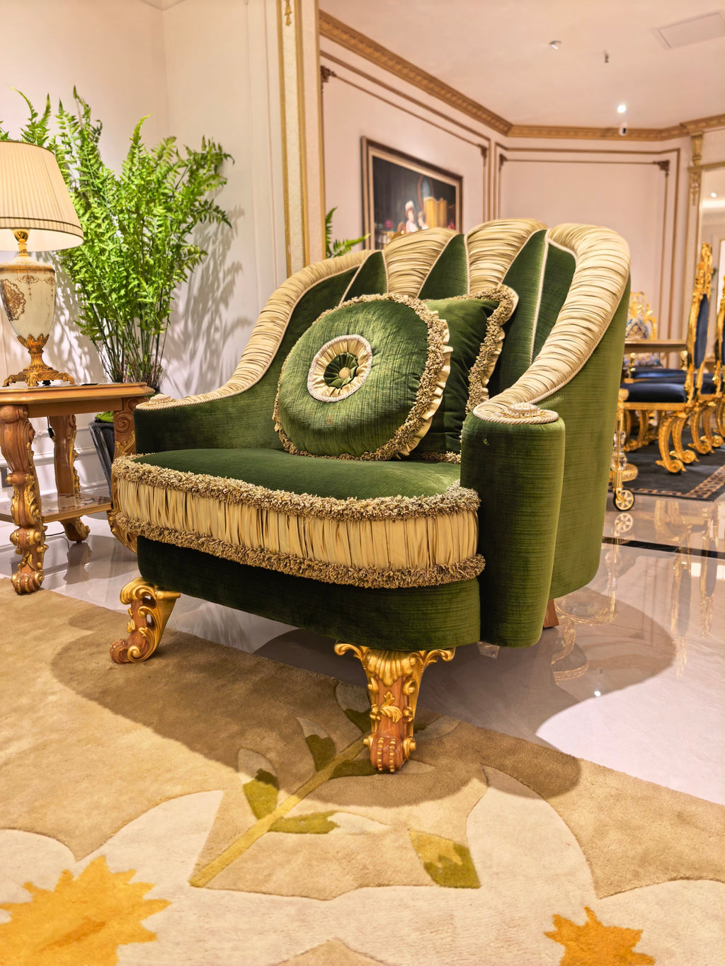 Charlotte French Imperial sofa carved backrest detail - GrandLiving Luxe