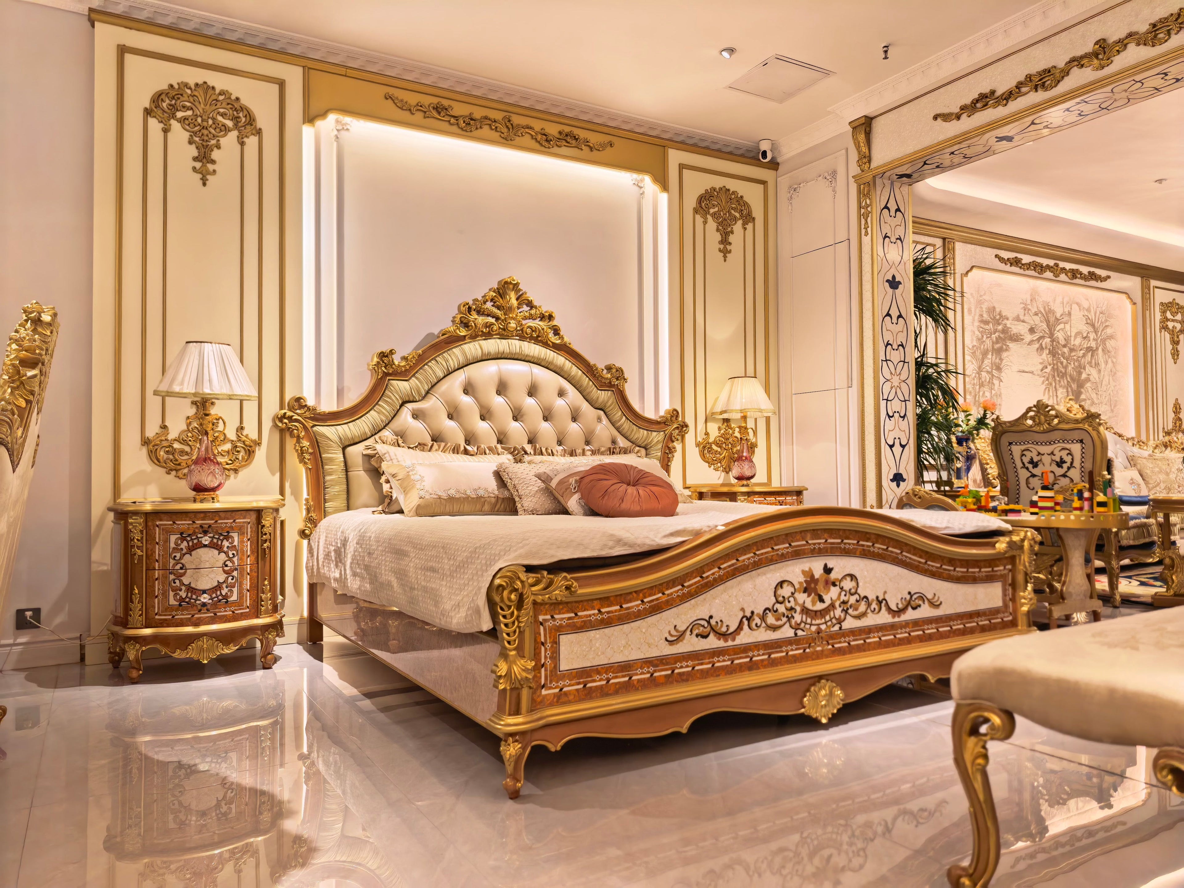 Adeline French Imperial bed, hand-carved European beechwood with traditional gold gilt finish - GrandLiving Luxe