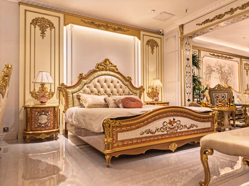 Adeline French Imperial bed, hand-carved European beechwood with traditional gold gilt finish - GrandLiving Luxe