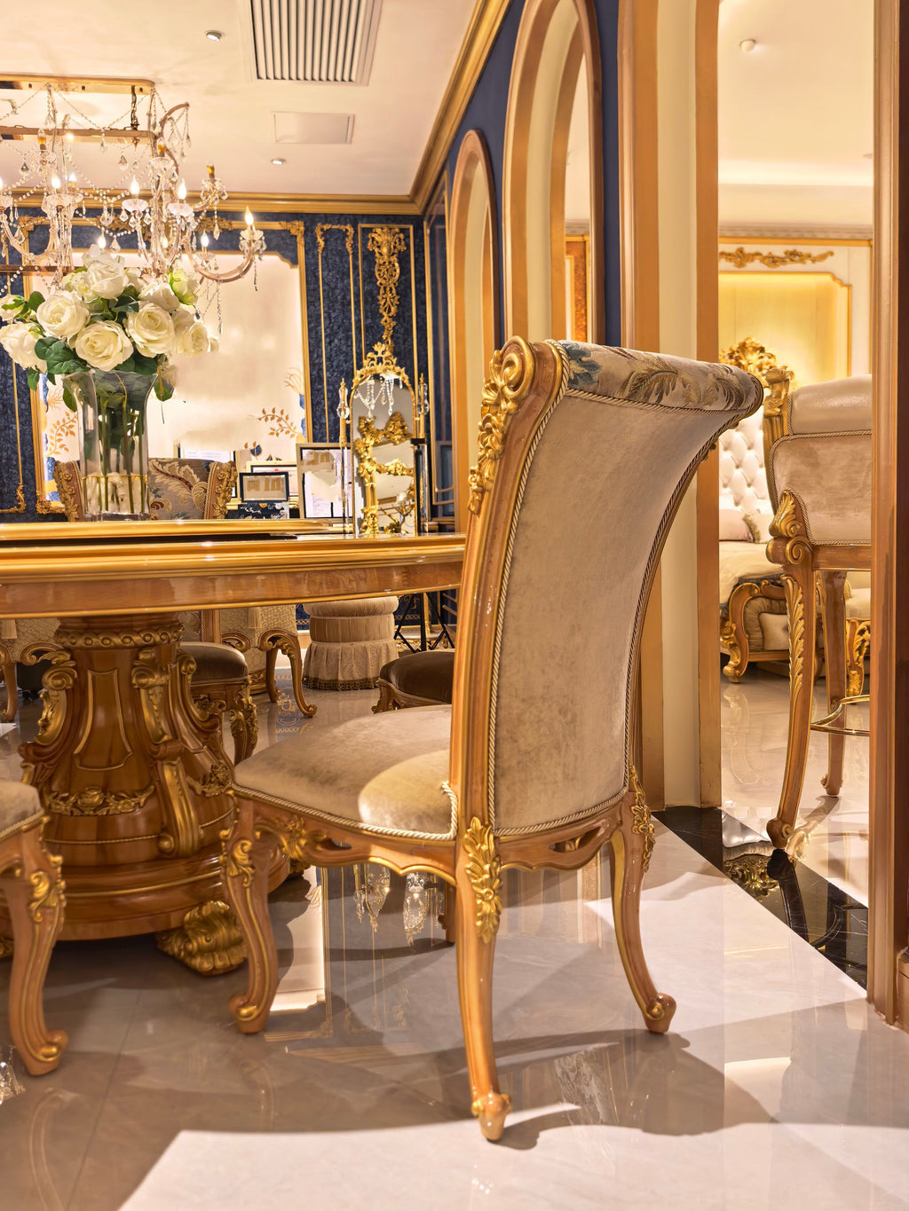 Adrienne French Imperial dining chair complete dining room ensemble - GrandLiving Luxe