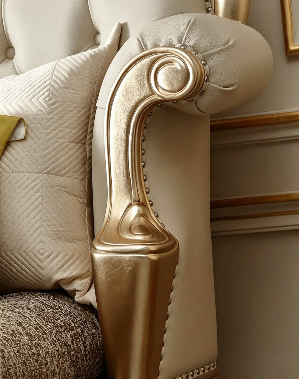Ornate French Provincial style luxury tufted bed in gold bedroom - GrandLiving Luxe 7
