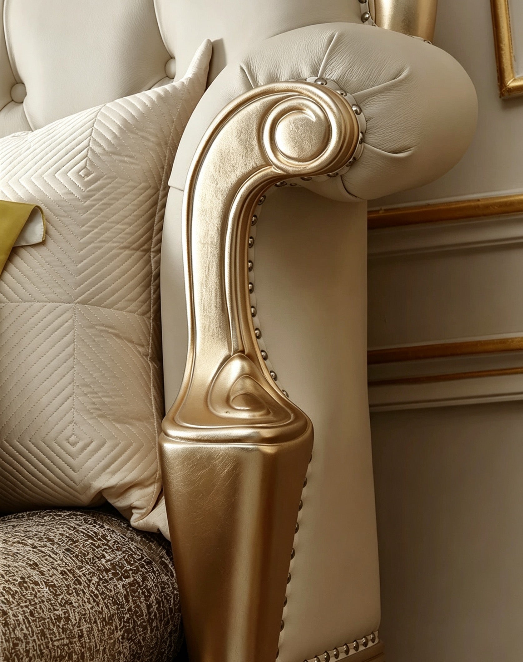 Ornate French Provincial style luxury tufted bed in gold bedroom - GrandLiving Luxe 7
