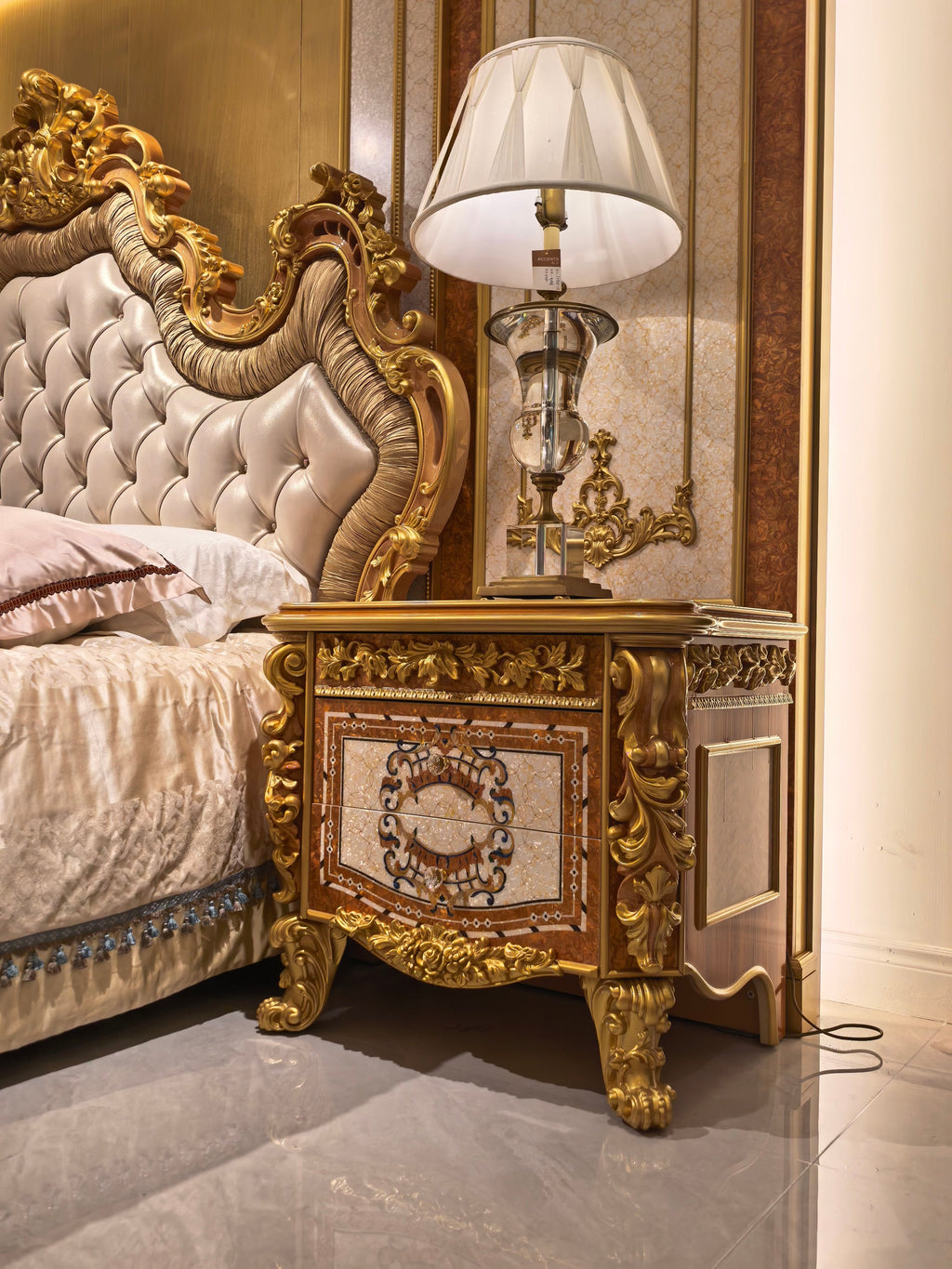 Noelle French Imperial bedside table paired with matching Imperial bed - GrandLiving Luxe