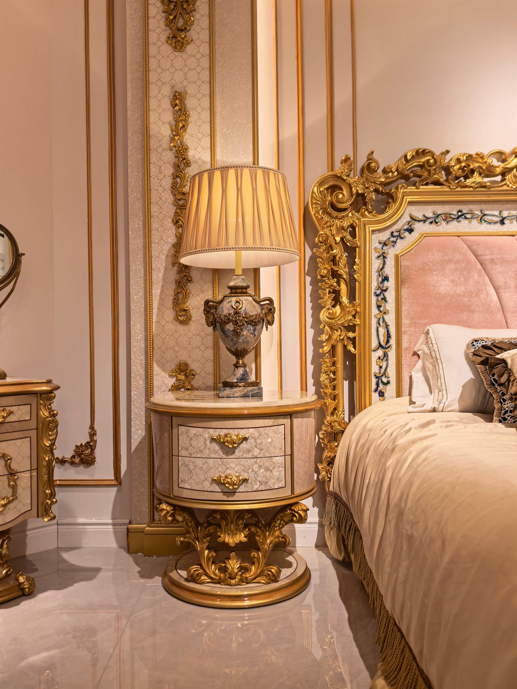 Odette French Imperial bed hand-carved corner detail - GrandLiving Luxe