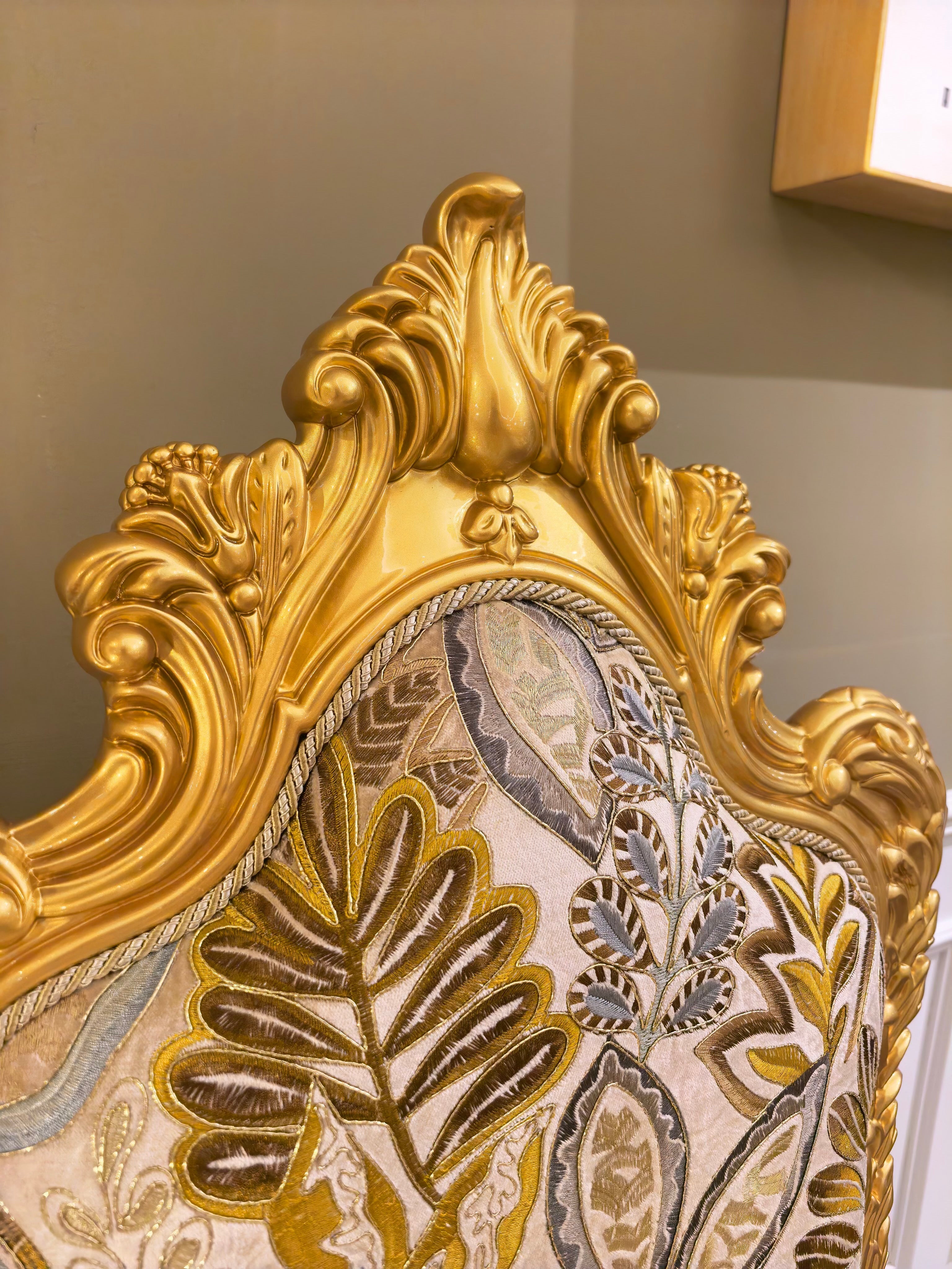 Perrine French Imperial dining chair backrest detail, hand-carved gold gilt finish - GrandLiving Luxe