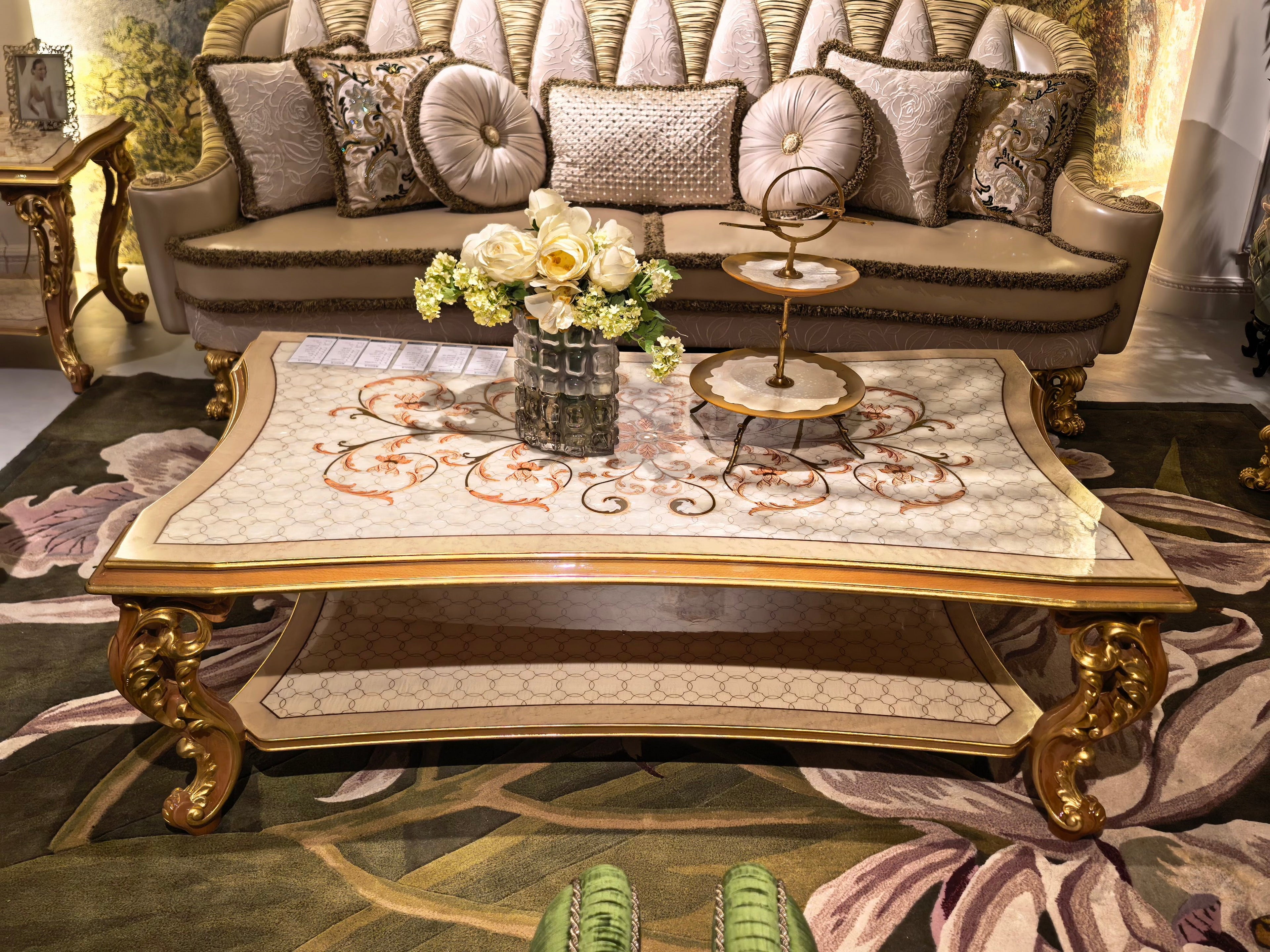 Charlotte French Imperial sofa gold gilt accent detail - GrandLiving Luxe