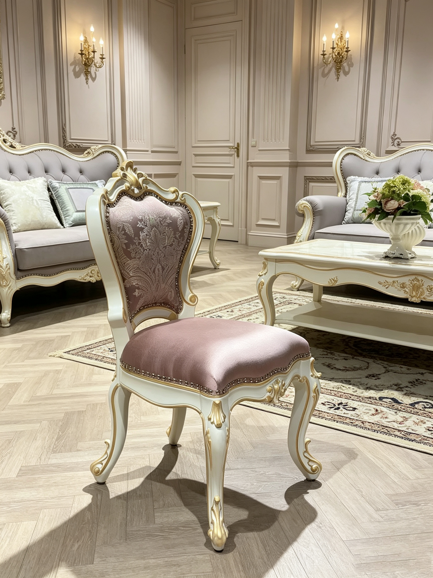 Amber Grace French Provincial Gold Leaf Solid Wood Handcrafted Dressing Table & Stool | GrandLiving Luxe 4
