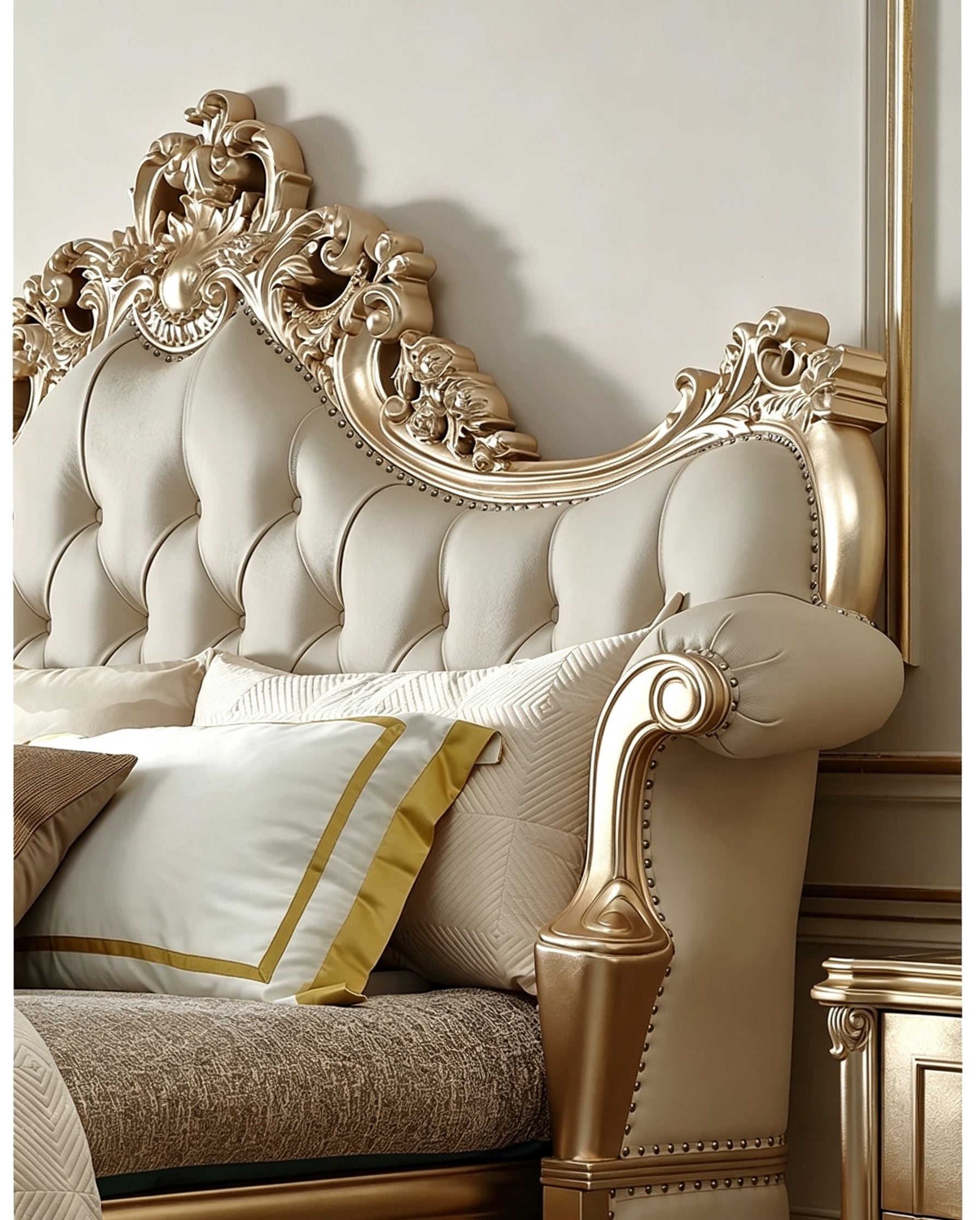 Ornate French Provincial style luxury tufted bed in gold bedroom - GrandLiving Luxe 9
