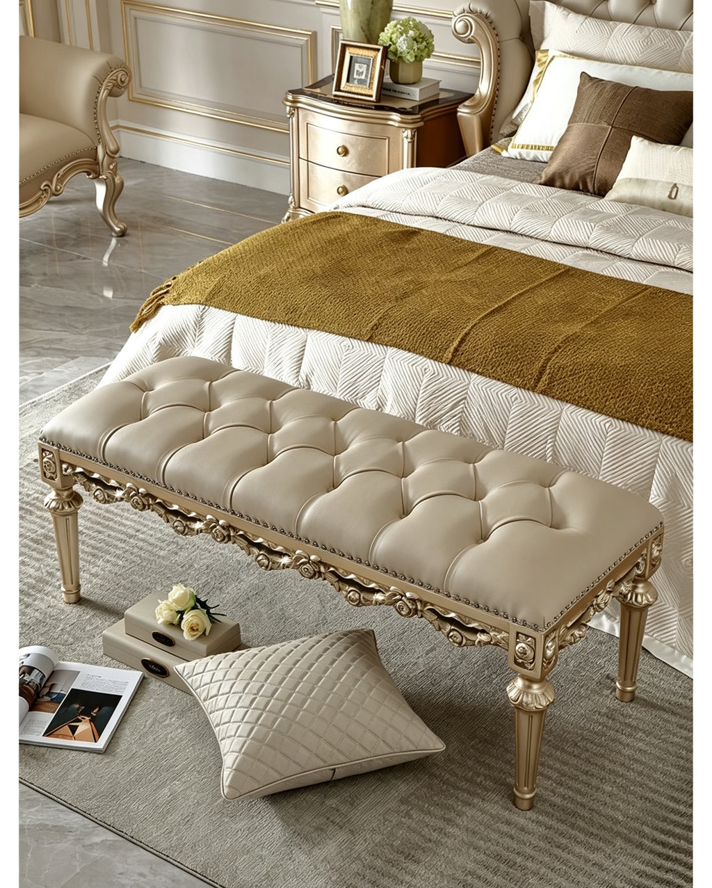 Ornate French Provincial style luxury silver leaf champagne gold tufted ottoman bench - GrandLiving Luxe
