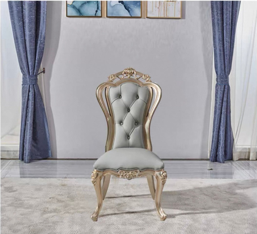 Classic French Provincial style luxury silver leaf dining chair with tufted back - GrandLiving Luxe
