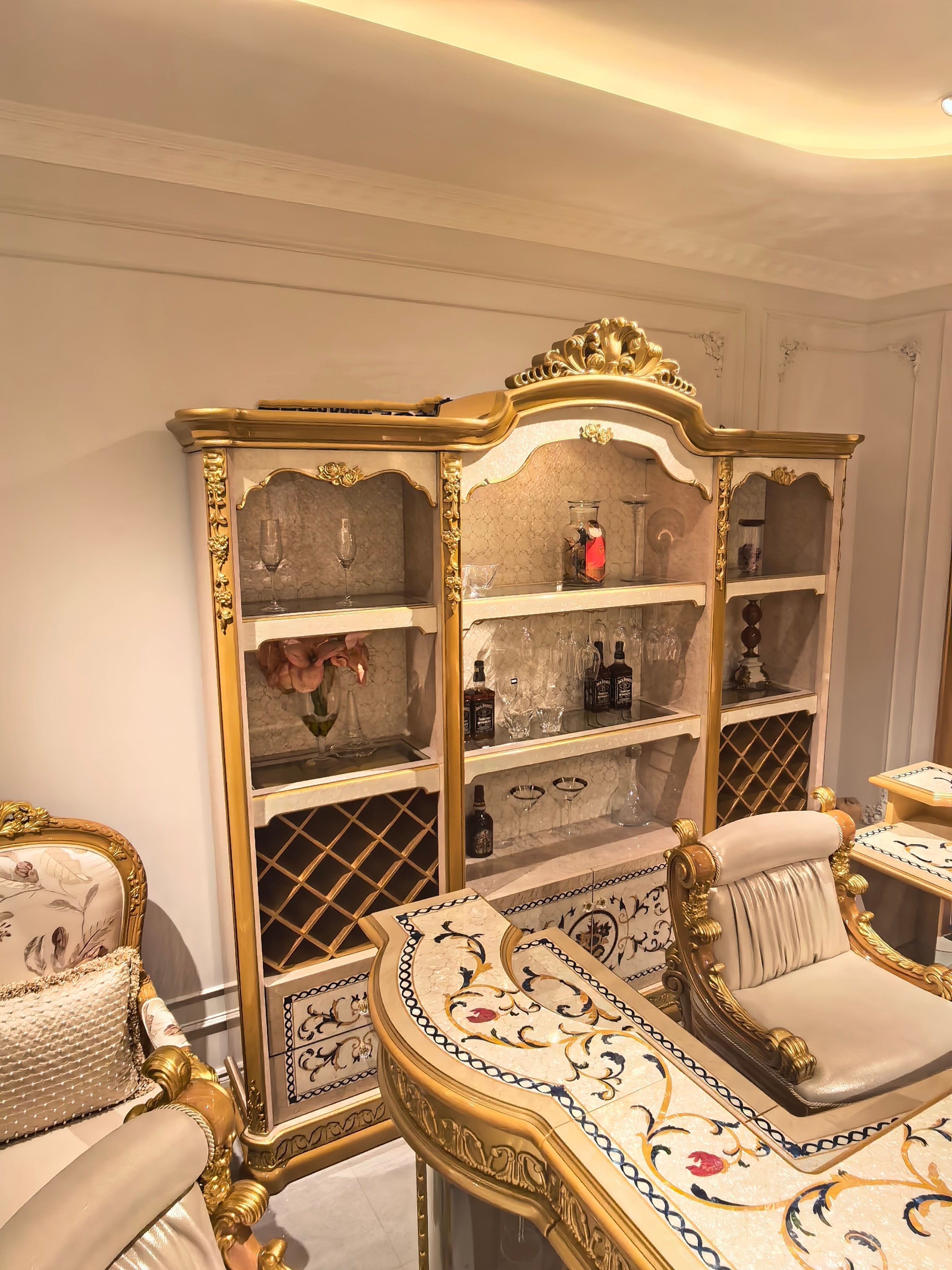 Blanche French Imperial display cabinet door detail, hand-carved gold gilt finish - GrandLiving Luxe
