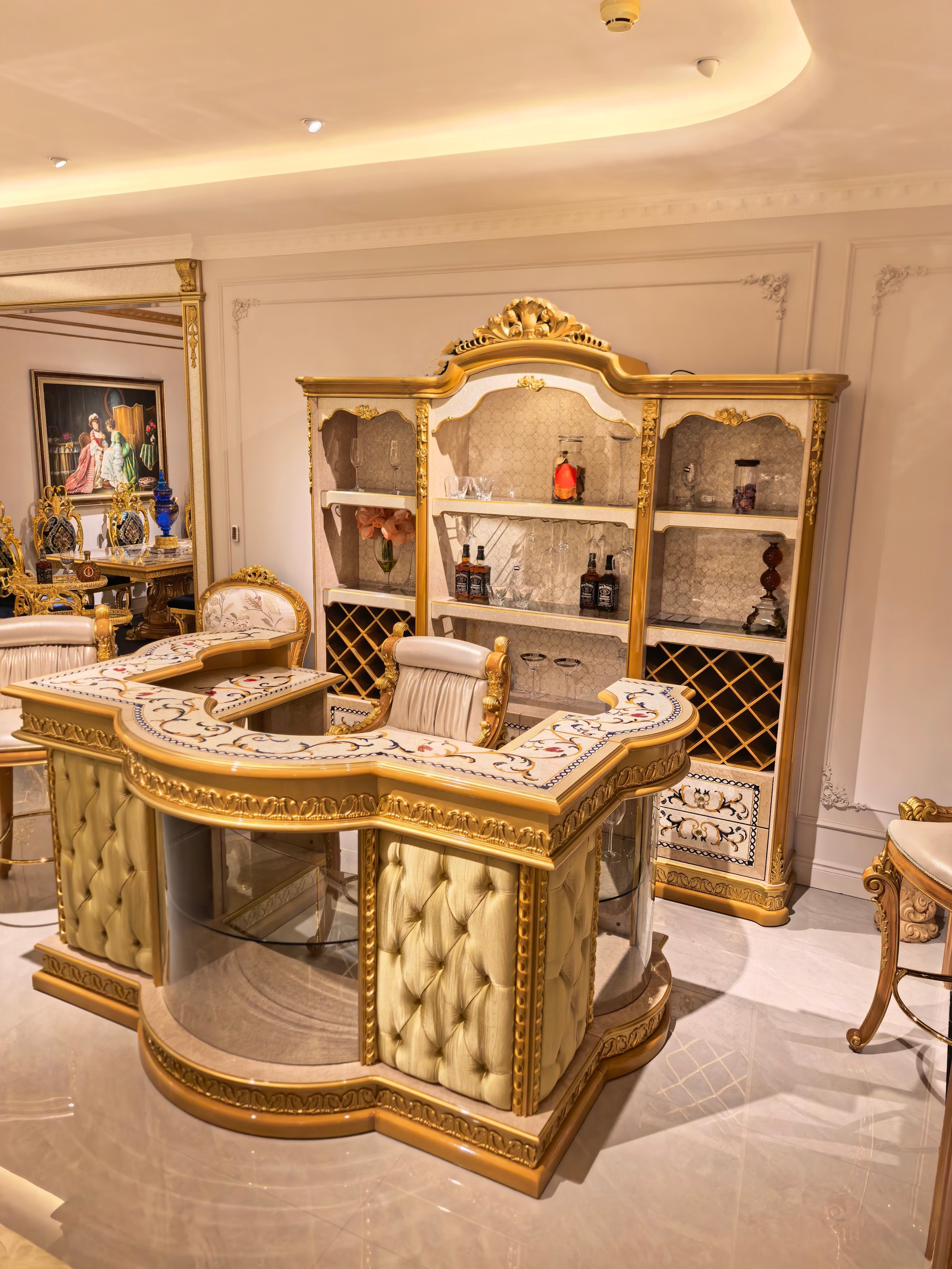 Rosalind French Imperial bar cabinet and stool, hand-carved European beechwood with traditional gold gilt finish - GrandLiving Luxe