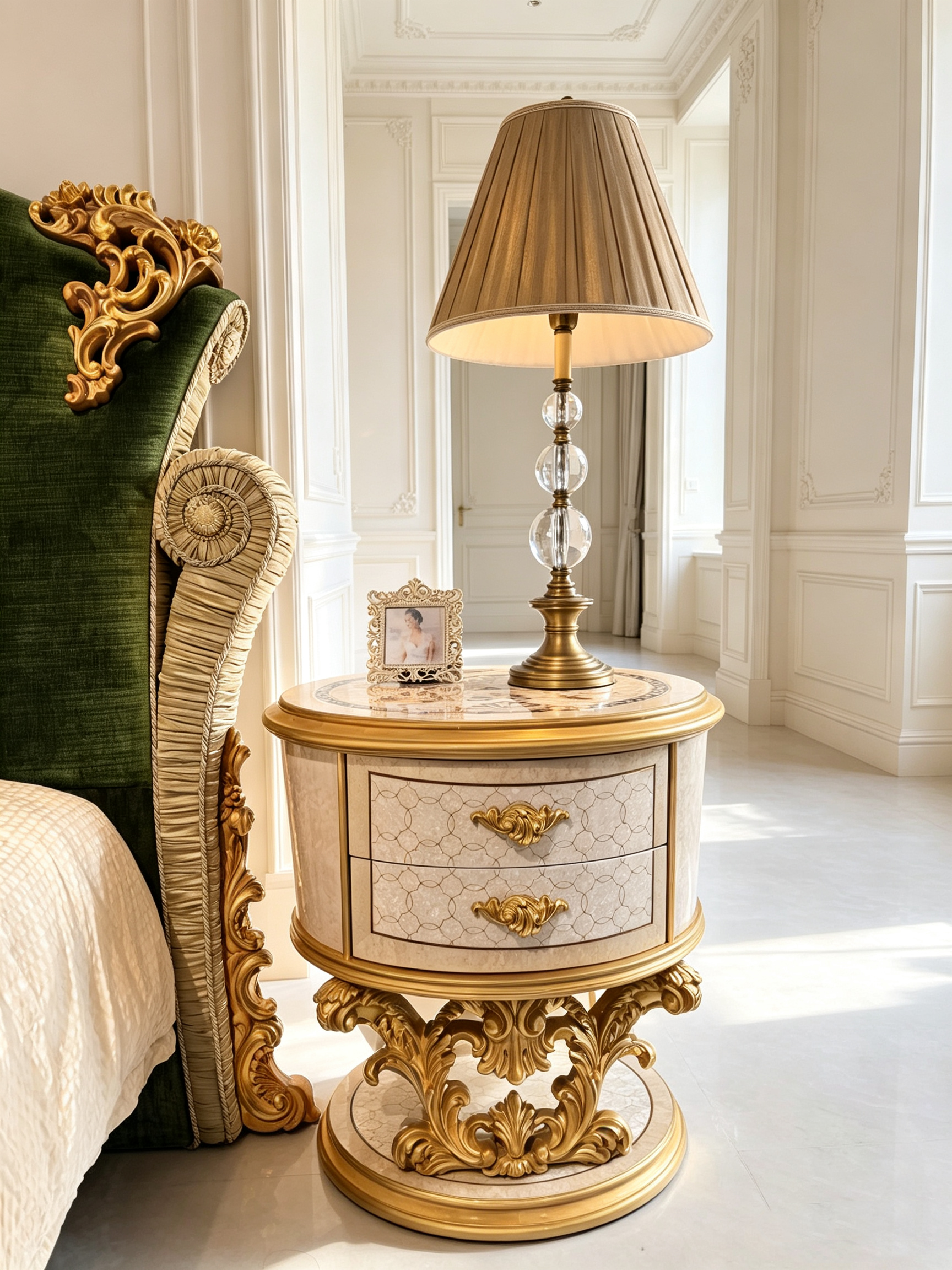 Marguerite French Imperial bedside table, hand-carved European beechwood with traditional gold gilt finish - GrandLiving Luxe