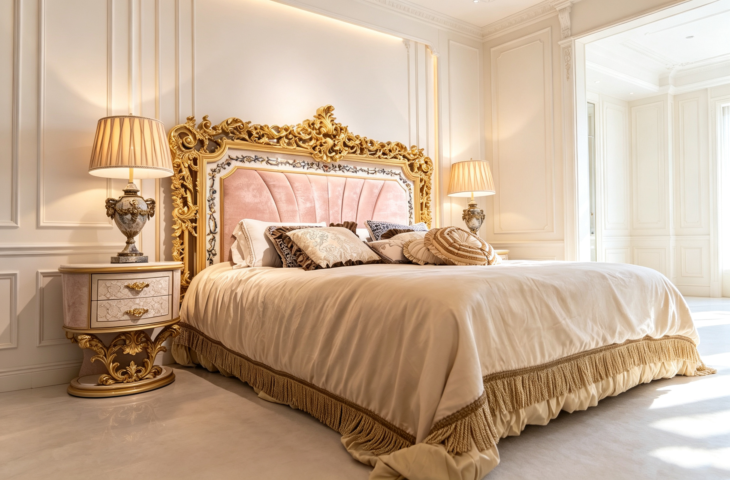 Odette French Imperial bed headboard detail, hand-carved gold gilt curves - GrandLiving Luxe