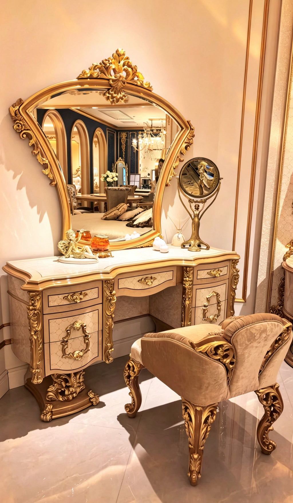 Seraphine French Imperial dressing table and stool set, hand-carved European beechwood with traditional gold gilt finish - GrandLiving Luxe 1