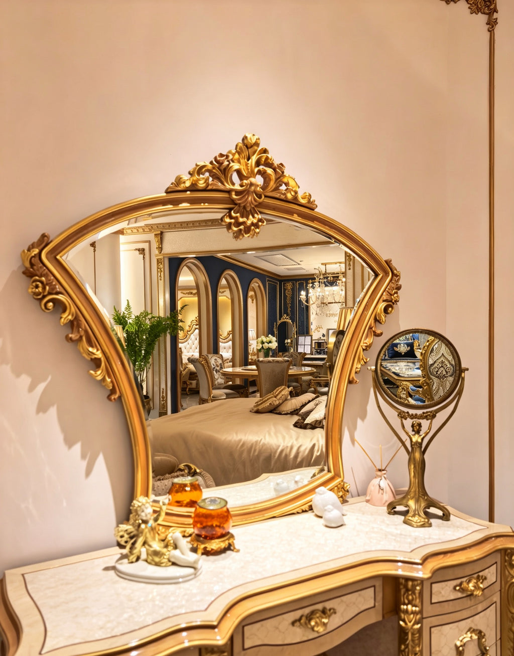 Seraphine French Imperial dressing table and stool set, hand-carved European beechwood with traditional gold gilt finish - GrandLiving Luxe 2