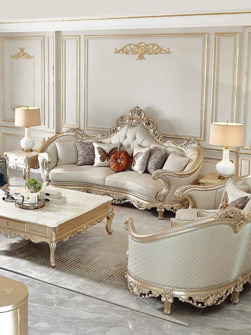 Ornate French Provincial style luxury leather sofa in champagne gold 2- GrandLiving Luxe

