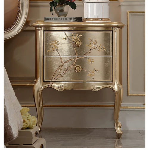 Elegant French Provincial style luxury silver leaf hand painted floral bedside table - GrandLiving Luxe
